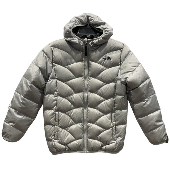 North Face Puffer Jacket Coat Girls XL 18 Black Gray Down Reversible Zip Hooded - Picture 4 of 11